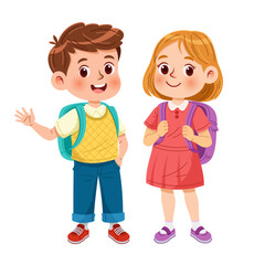 Cute little boy and girl standing with backpacks and smiling