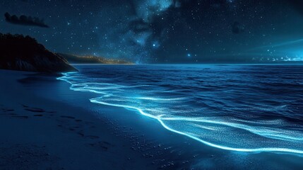 Bioluminescent waves at midnight beach serene ocean landscape nighttime viewpoint ethereal nature experience