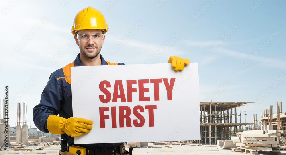 Poster portrait of a smiling construction worker holding a sign with text safety first . generative ai