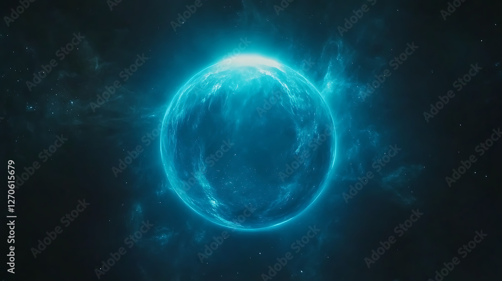 Poster enigmatic blue orb floating in the void of space radiating a soft celestial glow phenomenon