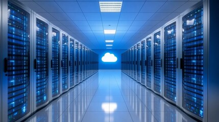 Brightly lit server room features tall rows of glass-enclosed servers with a glowing cloud icon, emphasizing digital infrastructure transformation and connectivity