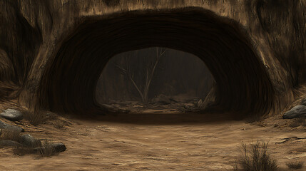 Enigmatic Cave Entrance in Arid Landscape with Distant Silhouette Tree at the Back Ground