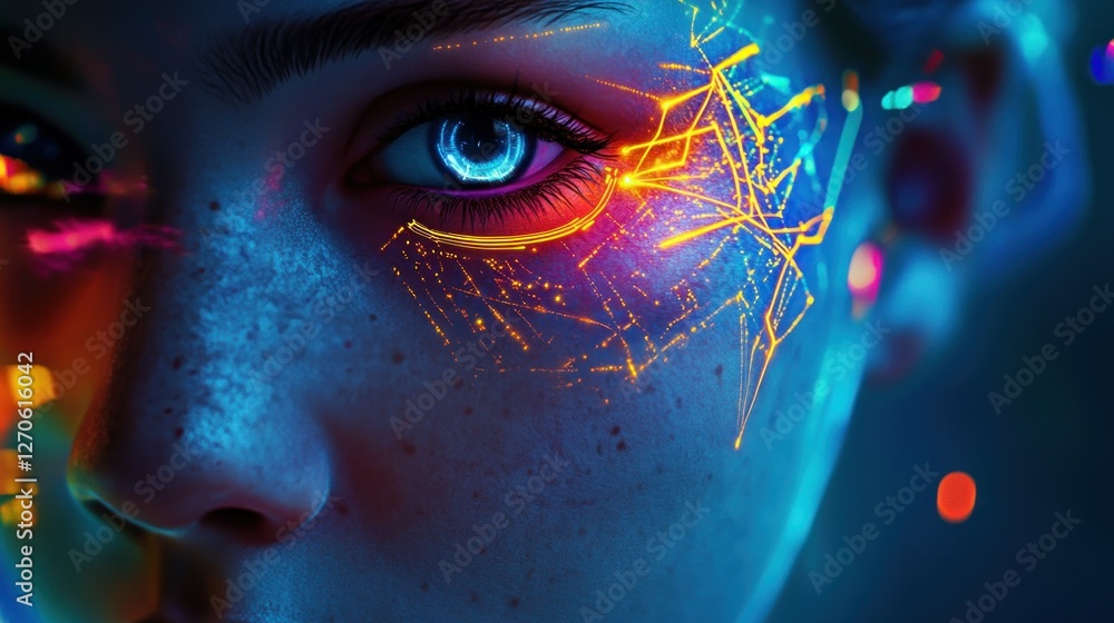Poster a futuristic tech hacker girl with neon cyber circuits embedded in her skin, controlling an advanced