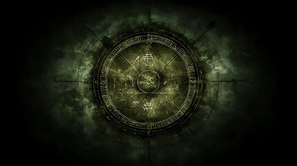 Naklejka premium Enigmatic Circle with Abstract Symbolism Dark Green Tones Aligned Mystical Geometry Design Artwork