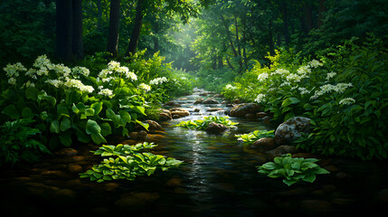 Fototapeta premium Lush Forest Stream with White Wildflowers and Verdant Green Foliage in Natural Light