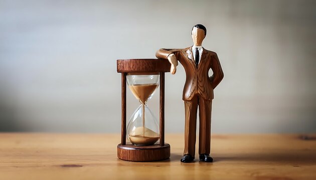 A Wooden Businessman Figurine Leaning on a Giant Hourglass, Symbolizing the Importance of Time