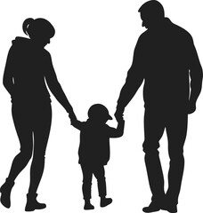 Parents holding children's hands silhouette vector illustration, family bond graphic, father mother and kids walking, parenthood, love, care, unity, and togetherness design