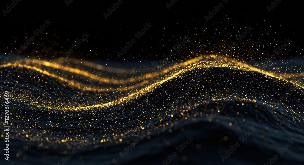 Poster a dynamic scene of shimmering golden particles floating above undulating dark blue waves