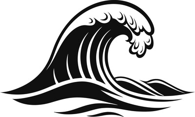 Naklejka premium Summer wave silhouette vector illustration, ocean sea wave icon, tropical beach surf design, water splash graphic, abstract wave crest, seaside nature elements clipart