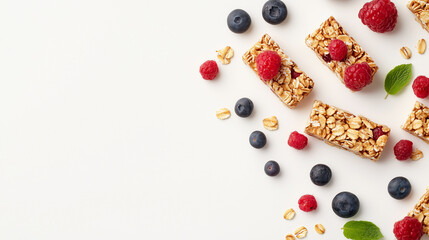 Granola bars on white background with place for text
