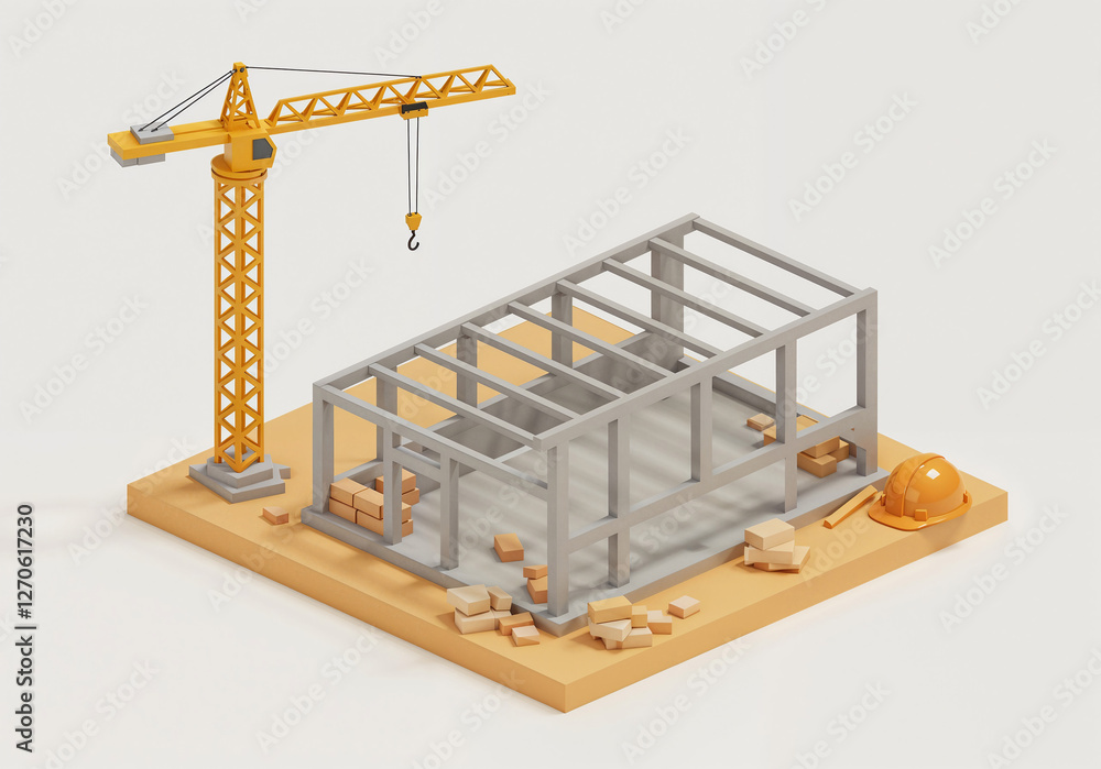 Poster isometric construction with crane and building frame . generative ai