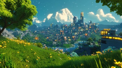 Vibrant Futuristic City with Nature and Colorful Wildflowers