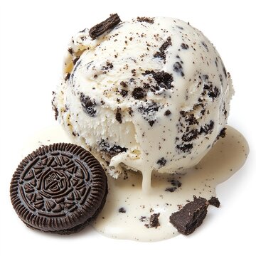 A scoop of cookies and cream ice cream sprinkled with crushed Oreos and a drizzle of white chocolate plaine white background 