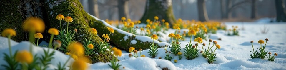 False chamomile flowers bloom in profusion among the roots of ancient birch trees on a cold Siberian winter morning, greenery, winter, natural