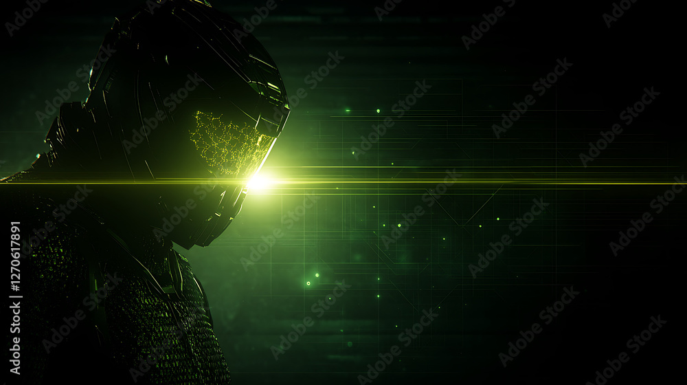 Poster enigmatic futuristic warrior with illuminated visor in a cyberpunk setting