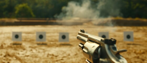 Close-Up of Revolver Aiming at Shooting Range Targets Outdoors