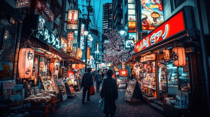 A dreamy cyberpunk-inspired Japanese city at night, glowing with neon signs, pink cherry blossom trees, and modern skyscrapers.