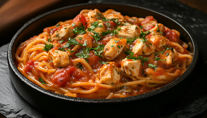 Fototapeta premium Spaghetti pasta in tomato sauce with chicken, parsley in pan. Chicken spaghetti pasta over black stone background with copy space, italian food
