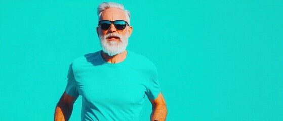 Stylish Senior Man with Sunglasses Against Vibrant Blue Background