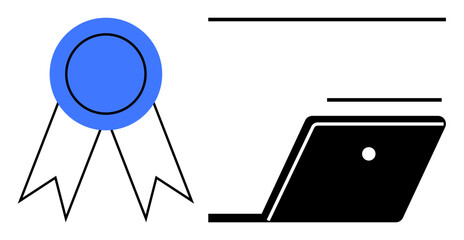 Blue ribbon indicating achievement next to a black laptop representing online learning. Ideal for education, certification, e-learning, success, professional development, academic achievements