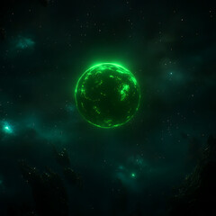 Fototapeta premium Enigmatic Green Celestial Sphere Floating Amidst Cosmic Nebula and Asteroids in Outer Space