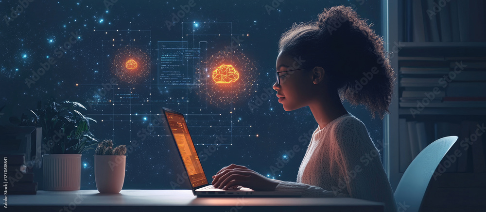 Poster a student interacts with a personalized ai-powered learning platform on a laptop at home.