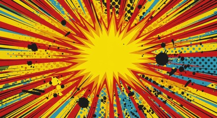A vibrant comic book style explosion with bold radial lines in yellow, red and blue extending outward from a central burst