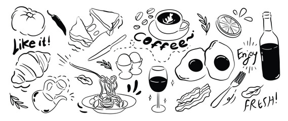 Set of cute food doodle elements vector. Hand drawn doodle collection of pizza, pasta, sausage, sandwich, wine, coffee, sparkle. Design for print, cartoon, wallpaper, restaurant, cafe, sticker.
