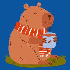 Capybara character. Rodent with scarf holds cup of coffee. Hand drawn vector illustration.