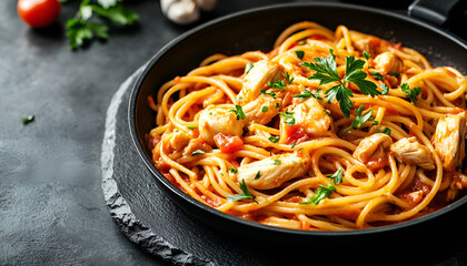 Spaghetti pasta in tomato sauce with chicken,  parsley in pan. Chicken spaghetti pasta over black stone background with copy space, italian food