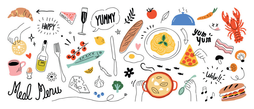 Set of cute food doodle elements vector. Hand drawn doodle collection of pizza, bread, lobster, sandwich, wine, fish, coffee. Design for print, cartoon, wallpaper, restaurant, cafe, sticker.