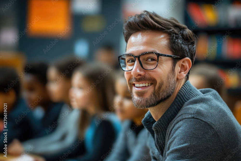 Poster a teacher interacts with students in a modern classroom while using a smart ai-powered assistant to 