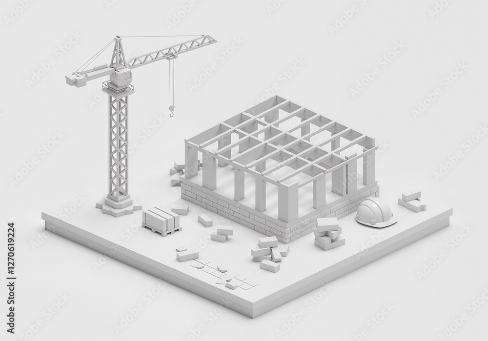 Poster isometric construction with crane and building frame . generative ai