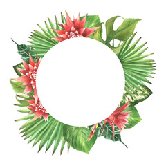 Tropical green leaves with red flowers buds wreath, exotic home plant, Monstera palm, creeper. Greenery leaf circle frame. Jungle clipart. Watercolor painted illustration. Isolated from background  © Bartol_art