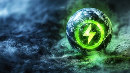 A futuristic Earth with a glowing electric power button symbol, representing energy conservation and environmental awareness.