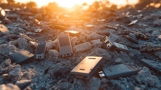 Discarded USB devices and old technology pile up in a junkyard, symbolizing the rapid evolution of media storage formats The chaos of obsolete gadgets highlights the fleeting nature of digital innovat - Powered by Adobe