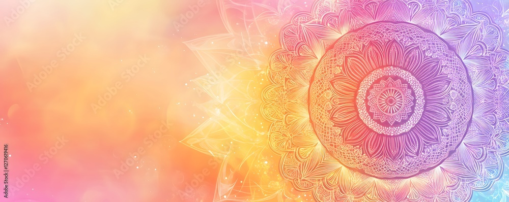Poster ornate mandala design with gradient color scheme radiating outwards