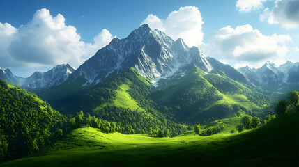 Obraz premium Lush Green Mountain Landscape Under a Blue Cloudy Sky in Sunlight