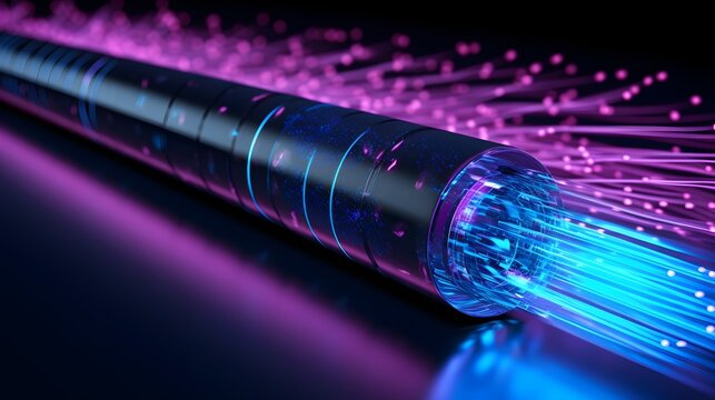 Glowing fiber optic cable transmitting pulsating blue and purple digital signals representing high speed data transmission and modern communication technology