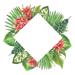 Tropical leaves and red flowers with buds square frame. Watercolor bromeliad, palm leaf, calathea, philodendron exotic creeper. Jungle floral card. Hand drawn illustration. Isolated from background.  © Bartol_art