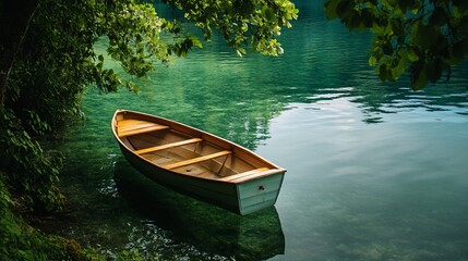 Serene Wooden Boat Floating on Calm Clear Water Surrounded by Greenery