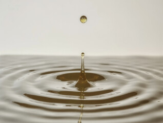Water drop creating ripples on smooth surface with reflective background