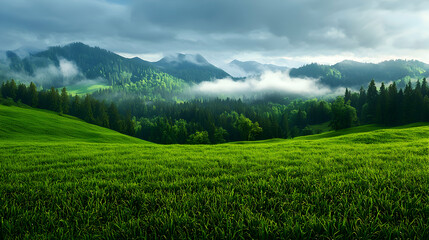 Fototapeta premium Lush Green Field with Rolling Hills and Misty Forest Under Cloudy Sky