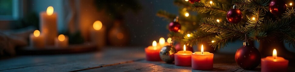 Flickering candles and fairy lights around a Christmas tree, gentle glow, soft illumination, rustic decor