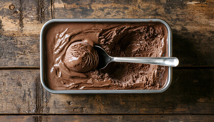 Fototapeta premium Homemade ice cream with scoop in frozen metallic container on wooden background