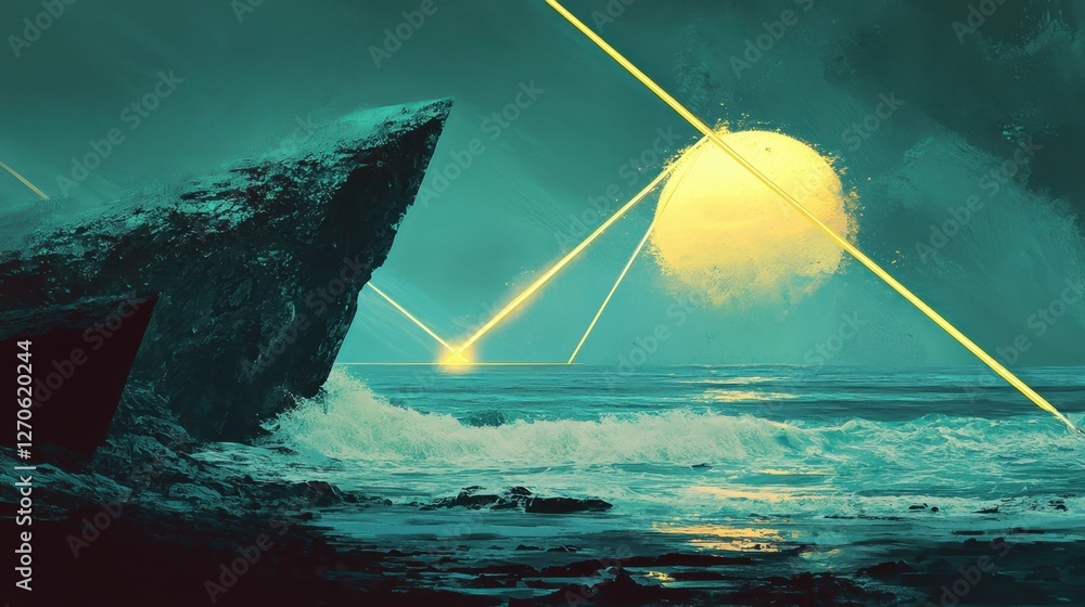 Aufkleber a futuristic seascape featuring golden neon geometry hovering over dark cliffs and waves, creating a