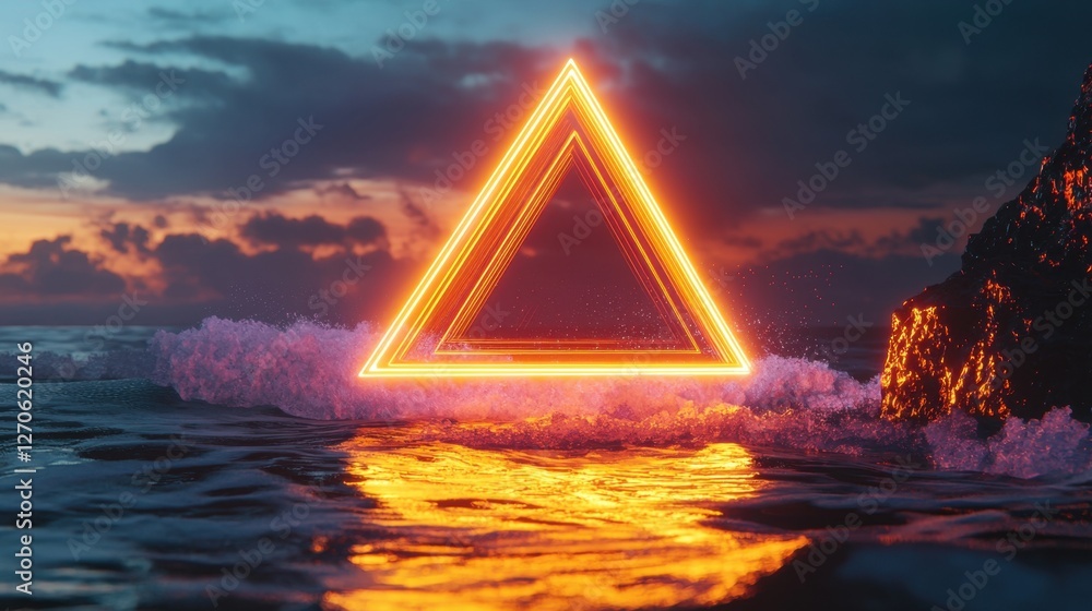 Poster a futuristic seascape featuring golden neon geometry hovering over dark cliffs and waves, creating a