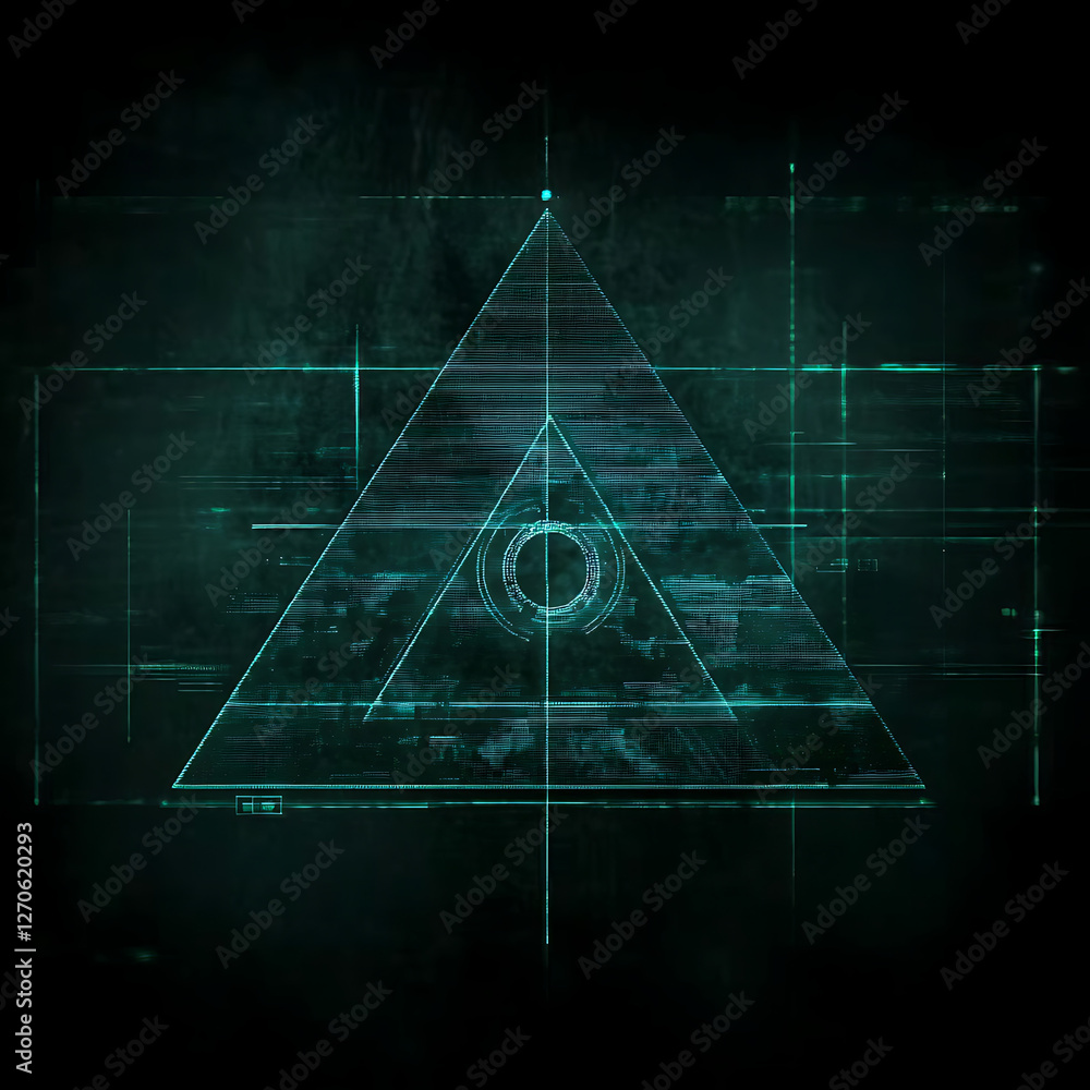 Poster enigmatic triangle symbol futuristic tech interface hologram style graphic design composition