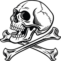 Skull and crossbones silhouette vector illustration, danger symbol, pirate emblem, Jolly Roger flag, skeleton head, Halloween graphic, warning sign, gothic design.