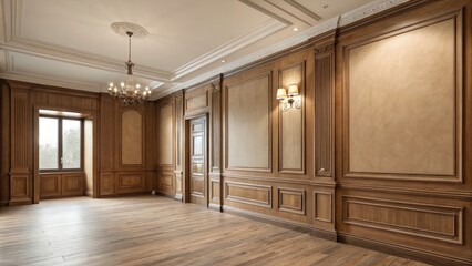 Fototapeta premium Modern Interior Long Exposure of Room with Wooden Paneling and Beige Stucco Wall, Ideal for Copy Space and Design Inspiration